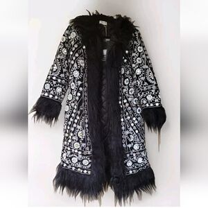 Talisman Womens Coachella Coat Embroidered Embellished Quilted Faux Fur Size XS